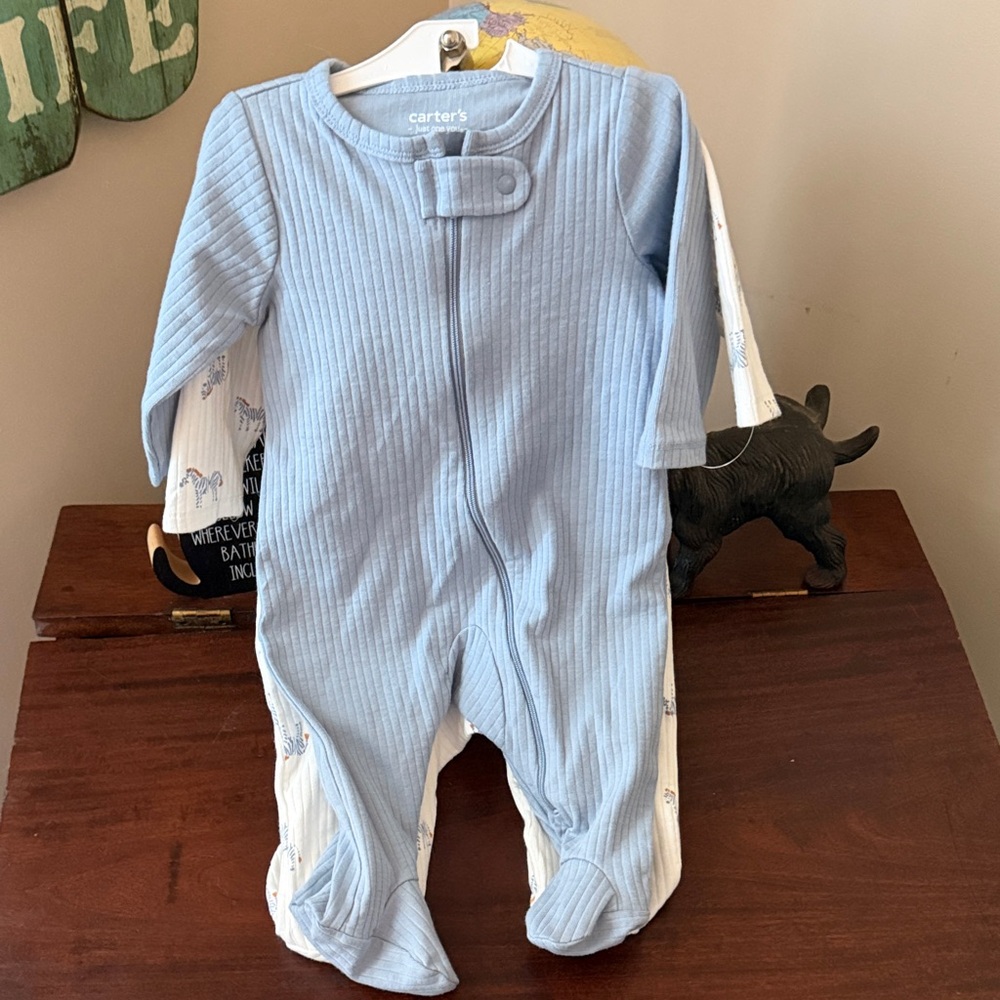 Carter's Light Blue and White Ribbed Footie